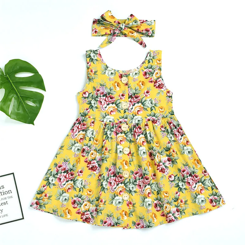 

Kids Baby Girl Clothing Fruits Flowers Printed 2Pcs Sets Sweet Sleeveless Strap Button Dress A-Line Sundress Bow Headband 6M-4Y