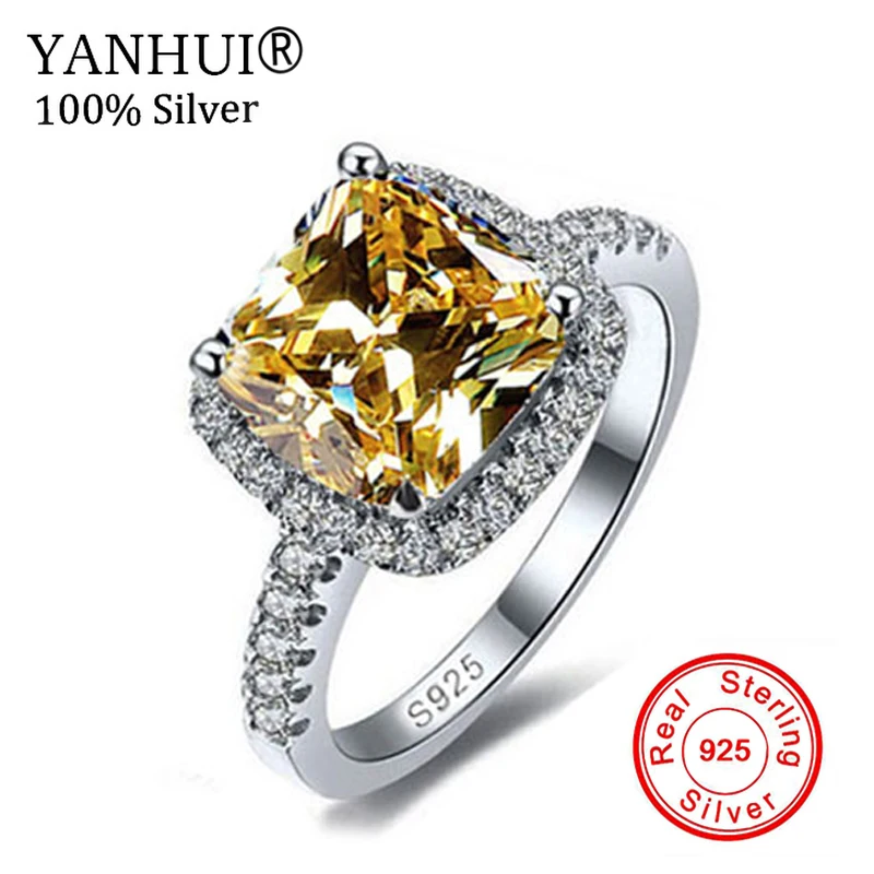 

YANHUI Brand Fine Jewelry 925 Sterling Silver Ring Original 3 Carat Yellow Zirconia Crystal Wedding Rings For Women