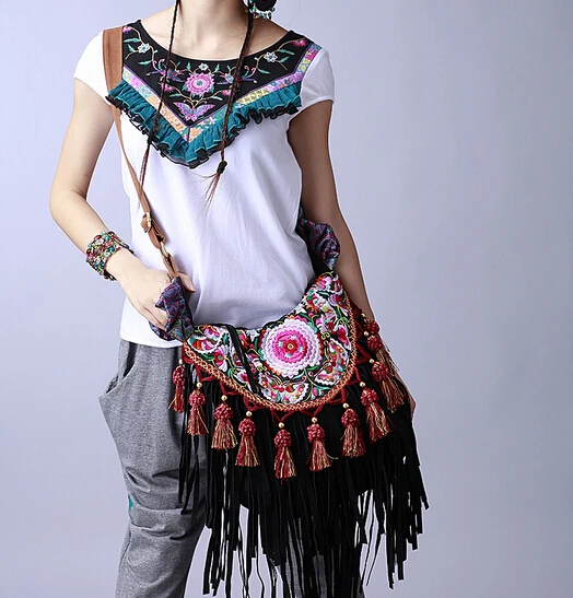 

Classic black handmade tassel women bags Ethnic embroidery canvas messenger shoulder bags