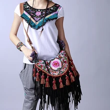 Классические черные женские сумки ручной работы с кисточками, этнические холщовые сумки-мессенджеры с вышивкой, сумки через плечо