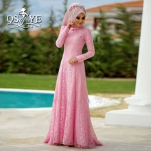 2017 Pink Arabic Evening Dress Muslim Lace Evening Gown Vintage High Neck Long Sleeves Hijab Islamic Abaya Kaftan Formal Dress
