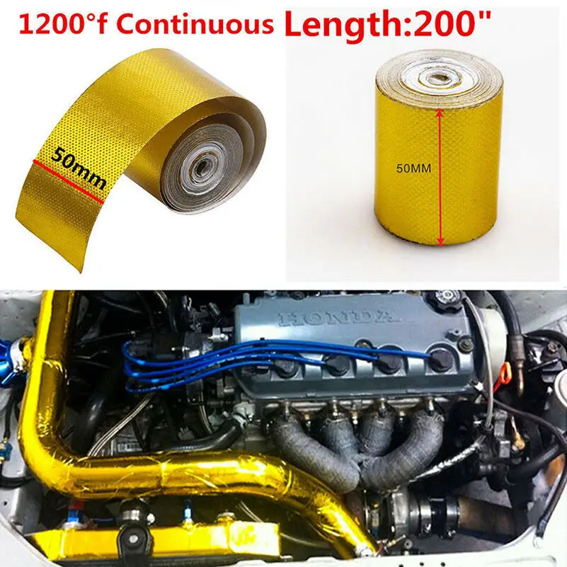 

5mx5cm Fiberglass Heat Reflective Tape Gold High Temperature Heat and Sound Shield Wrap Roll Adhesive New Arrival Car Styling