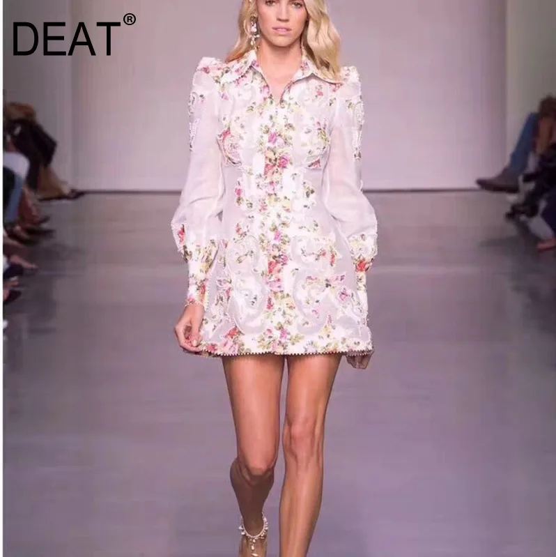 

DEAT 2019 New Autumn Fashion Turn-down Collar Lantern Sleeves Flower Printed Single Breasted Shirt Mini Dress Female WH69100L