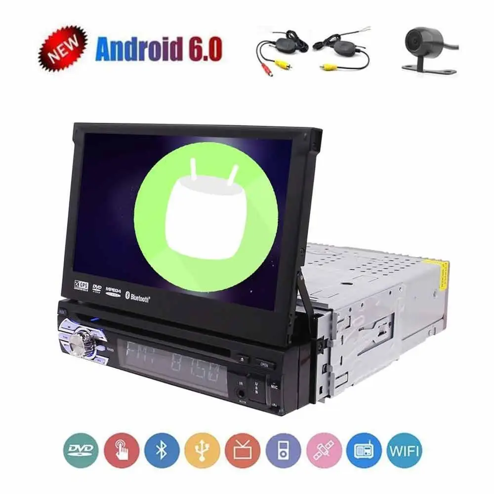 

Wireless Camera + Single din 7 inch android 6.0 car dvd player in dash bluetooth support Hands-free and Steering Wheel Controls