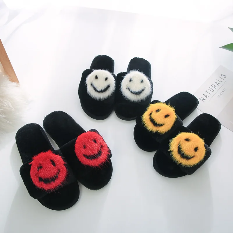 New smiley fur home slippers female flat bottom slip open toe warm home shoes summer spring and autumn winter slippers