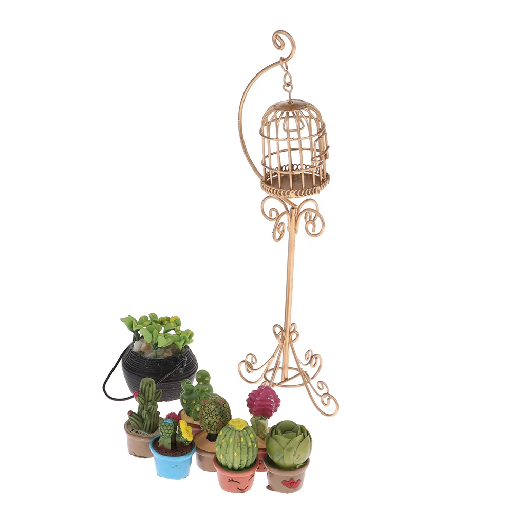 1:12 Metal Birdcage With Holder Stand & 7pcs Resin Succulents And A Clay Green Plant Model