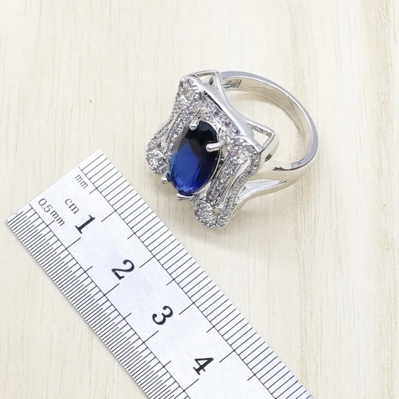 925 серебряные Свадебные Ювелирные наборы для женщин королевский синий циркониевый браслет серьги ожерелье кулон кольцо подарок на день рождения