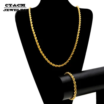 

CY&CM 6.5mm Gold Silver Color Iced Out Rope Chain Men Women Punk Hip Hop 30" Long Necklace 8" Bracelet Bling Bling Jewelry Set