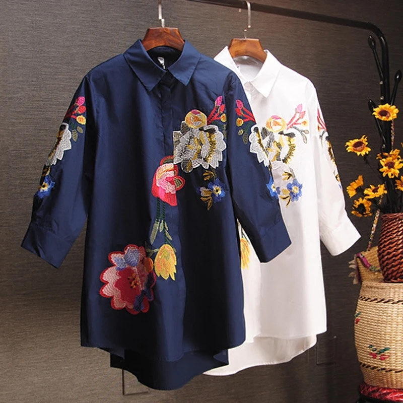 Spring and Summer Elegant Women Shirts Embroidery Loose Casual Shirts Seven-Sleeve Large Size Shirts