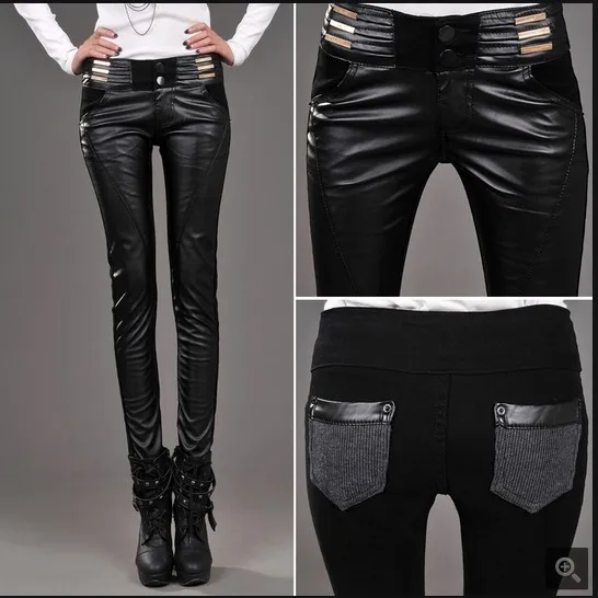 

Fashion Pu Leather Patchwork Jeans Pants Women's Denim Skinny Pencil Pants PT-005