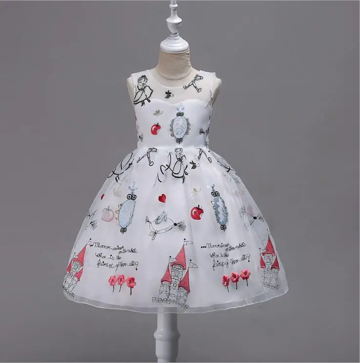 Дизайнерское платье с рисунком для девочек модное летнее платье принцессы без рукавов Детские элегантные вечерние костюмы для выступлений - Цвет: white