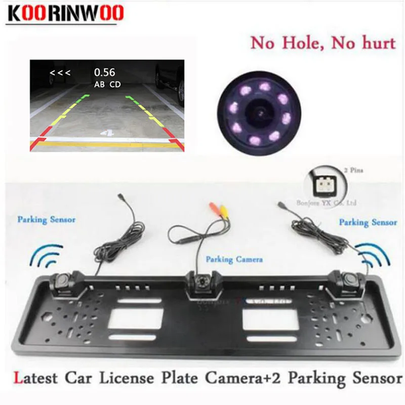 Koorinwoo EU European Car License Plate Frame camera Parking Car Rear View Camera 8IR Night Vision Two parking Sensor Reversing