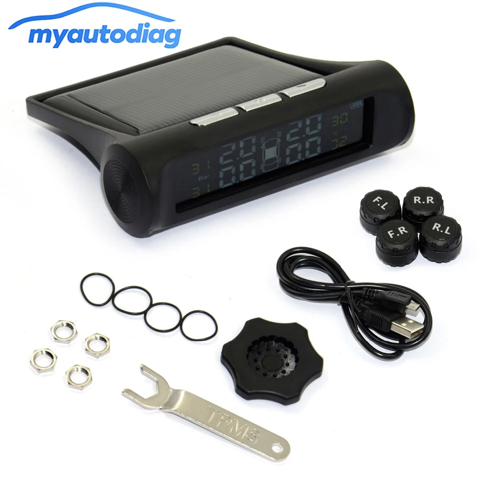 

Car TPMS Tyre Pressure Monitoring System Solar Power Charging Digital LCD Display Auto Security Alarm Systems 4 External Sensors