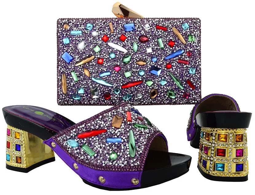 

Clutches bag with colorful big stones purple shoes and bag matching set wholesale SB8016 free shipping italian shoes bag set