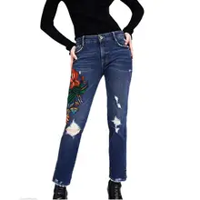 Mumuzi цветок Вышивка отверстие Джинсы для женщин Для Женщин Узкие синие джинсы Мотобрюки весенние рваные джинсы Брюки для девочек High Street Женская одежда