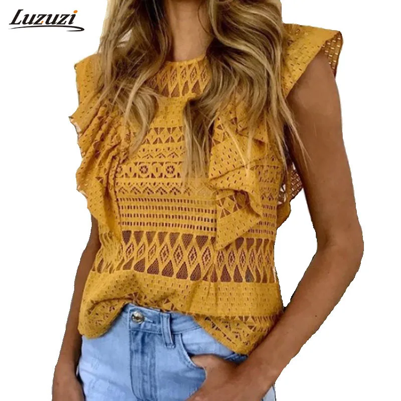 

Sleeveless Ruffles T Shirt Women Tops Elegant Sexy Hollow Out Lace T-shirt Summer Top Tee Shirt Femme Camisa Feminina Z2916
