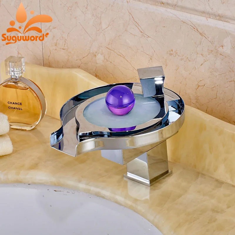

Luxury 3 Color Light Chrome Finish Basin Faucet Single Handle One Hole Waterfall Spout Mixer Tap