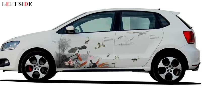 

LEFT SIDE Car Stickers Chinese Ink Painting Lotus Fish for White and Silver Fresh Both Sides Hood Decal Decor Waterproof Vinyl