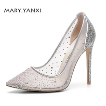 Women Pumps Big Size Shoes Silver Crystal Bling Mesh Transparent High Thin Heels Pointed Toe Fashion Party Sexy Slip-On Shallow Women Pumps Big Size Shoes Silver Crystal Bling Mesh Transparent High Thin Heels Pointed Toe Fashion Party Sexy Slip-On Shallow