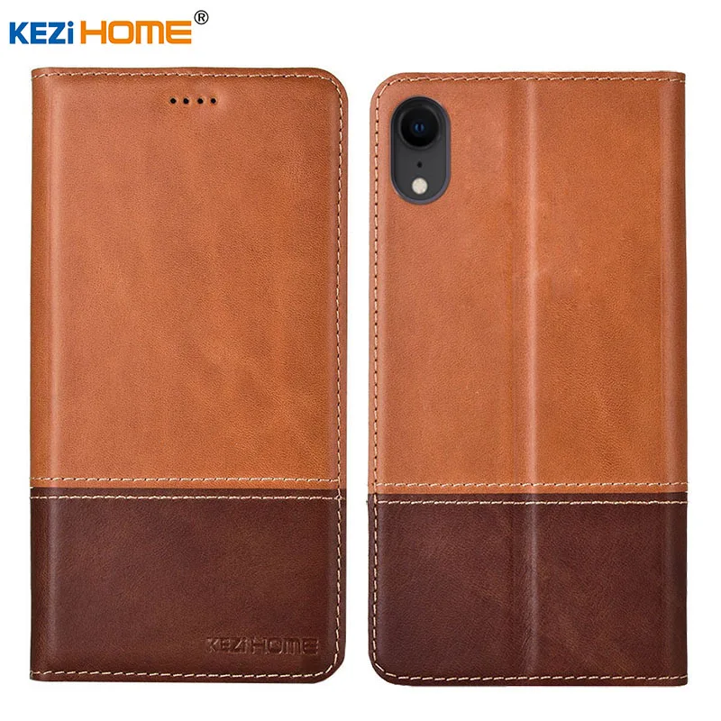 

Case for iphone XR KEZiHOME Double Colors Genuine Leather Flip wallet Cover for iphone Xr Phone cases
