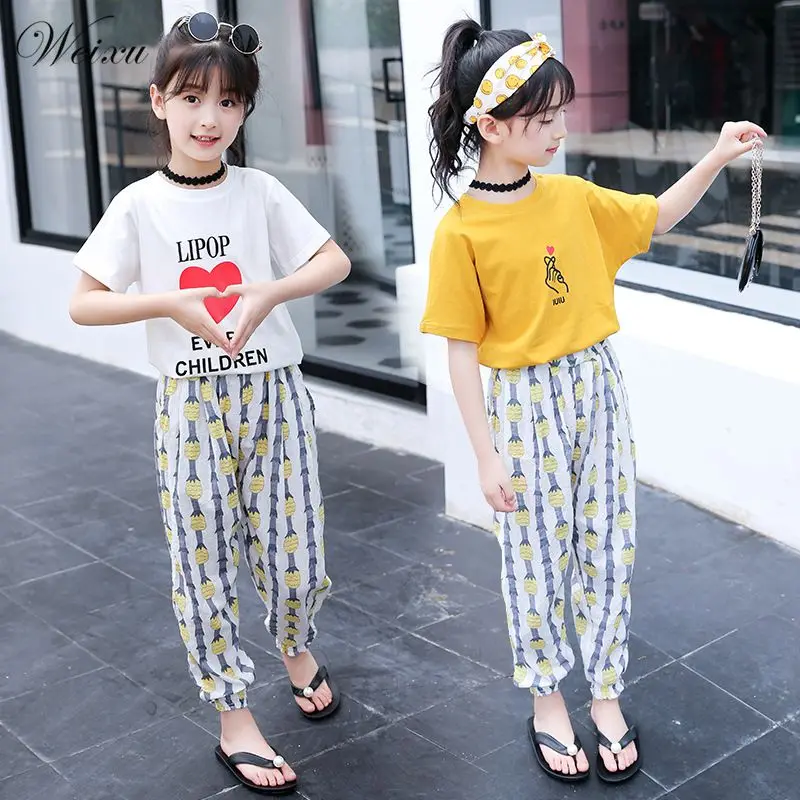 

Toddler Baby Girl Clothes Summer 2019 White Cotton Tops T Shirt Pants 2PCS Clothes Set for Teenage Girls 6 8 10 12 14 Years Old