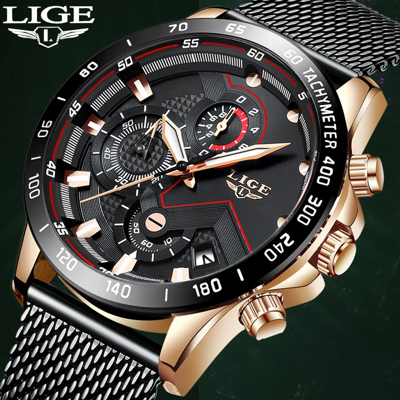 

LIGE Mens Watches Stainless Steel Grid Quartz Watch Men's Multifunction Chronograph Date Display Sport Watch Relogio Masculino