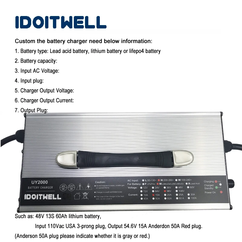 Подгонянное 2000 Вт регулируемое текущее зарядное устройство 96 в 15A 10A 8A ток 3 ступени регулируемое для свинцово-кислотных литиевых или lifepo4