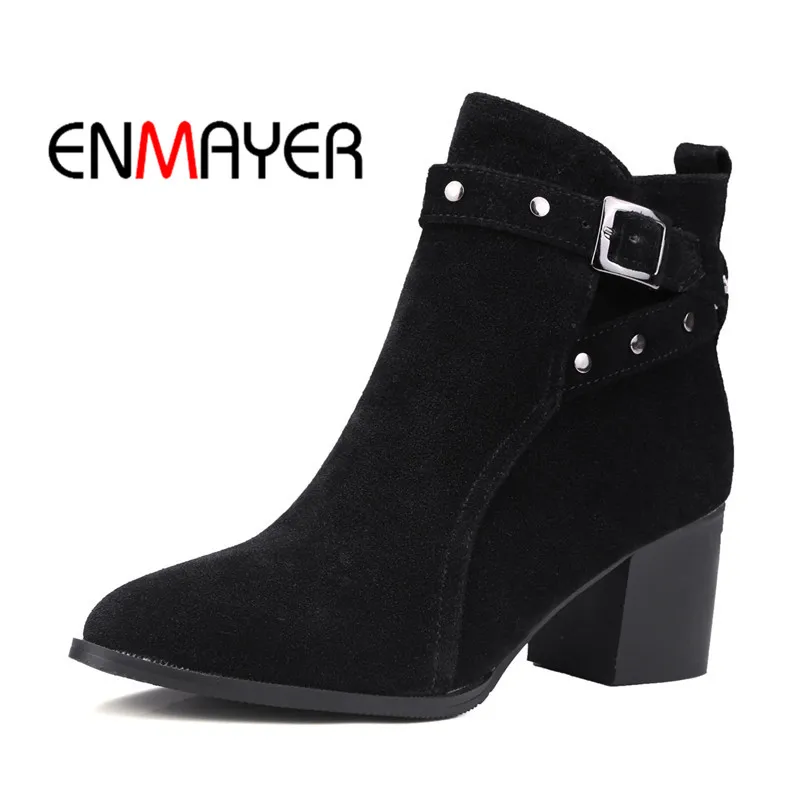 

ENMAYER 2018 Spring And Summer Newest Square Toe Short Plush Casual Buckle Strap Women Boots Middle Heels Casual Shoes WHY95