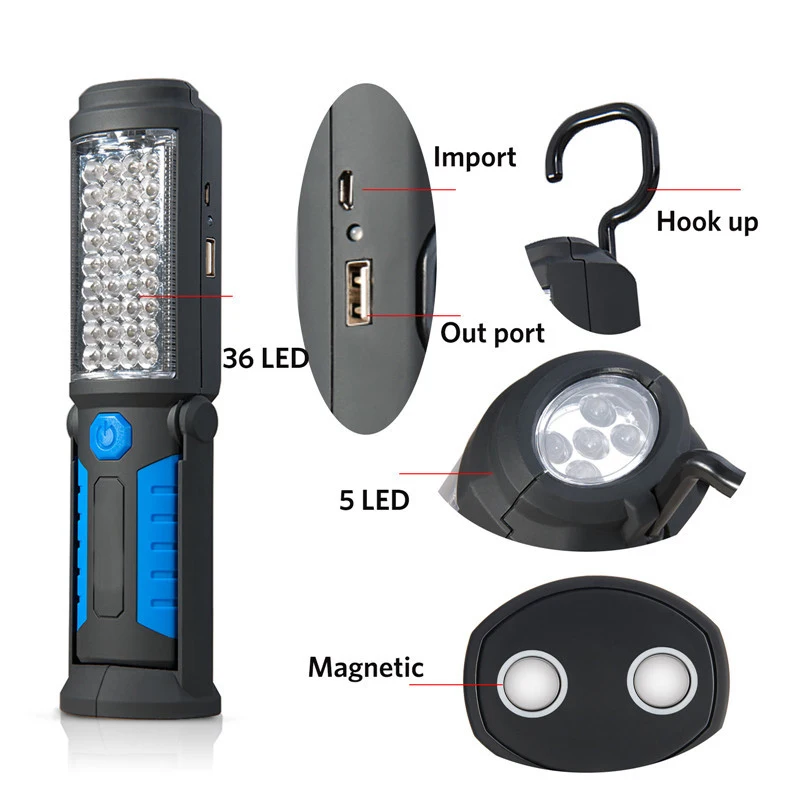 New USB Charging 36+5 LED Flashlight Work Light +Mobile Power with Car Charger and