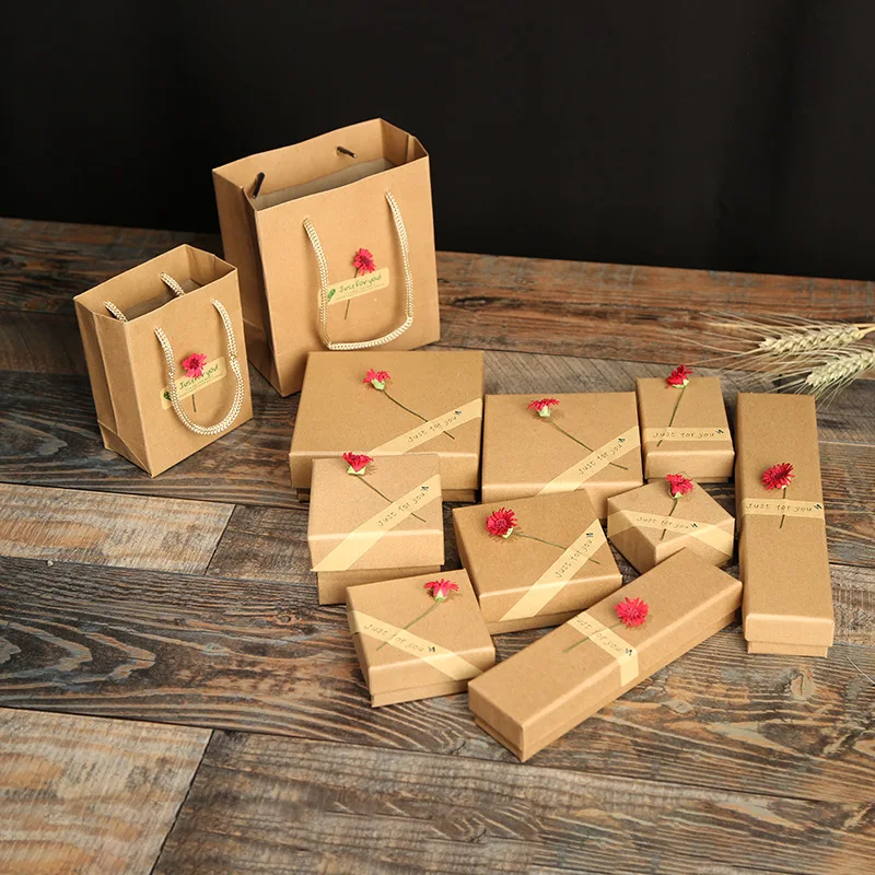 12Pcs Brown Paper Boxes Red Sun Flower Kraft Paper Favour Gift Jewelry Box/Bag Vintage Design Bulk Rings/Earrings Box Case