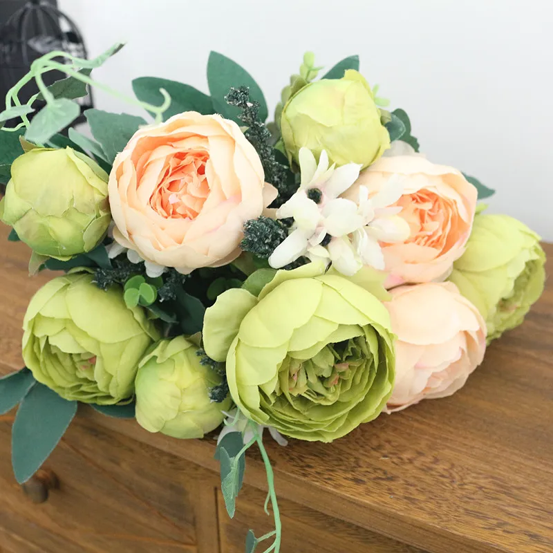 Flone Hight Quality Silk Flower European Peony Flower Bouquet Artificial Flowers Fake Leaf Wedding Home Party Decoration (3)