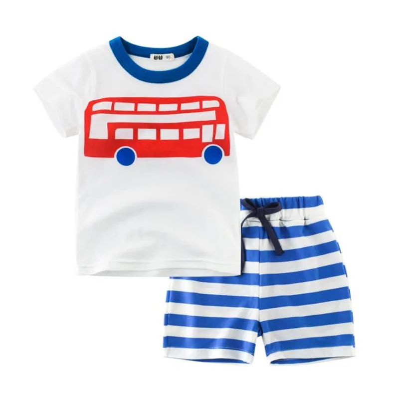

2019 Summer New Baby Boy Clothes Sets Boy Cartoon Print Short-Sleeved Shirt + Striped Shorts Two-Piece Suit 2-10Y