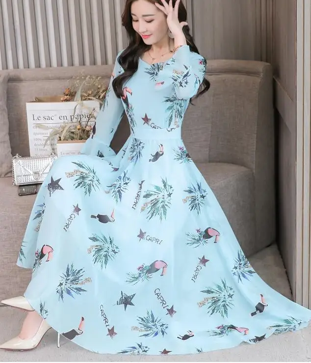 High quality Autumn New Arrival Plus Size S-XXXL Fashion V Collar Flare Sleeve Flower Printed Woman Long Chiffon Dress - Color: Sky blue