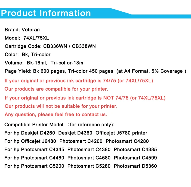 Ветеран 74XL 75XL совместимые чернильные картриджи для hp 74 75 XL для hp Photosmart C4200 C4280 C4345 C4380 C4385 C4480 C4580 принтер