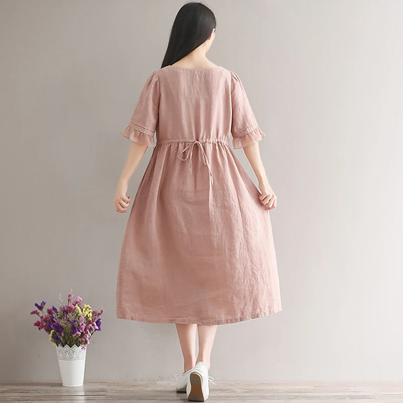 Свободный халат новое летнее женское винтажное ретро платье из хлопка и льна с коротким рукавом розового размера плюс Повседневные платья QH1396
