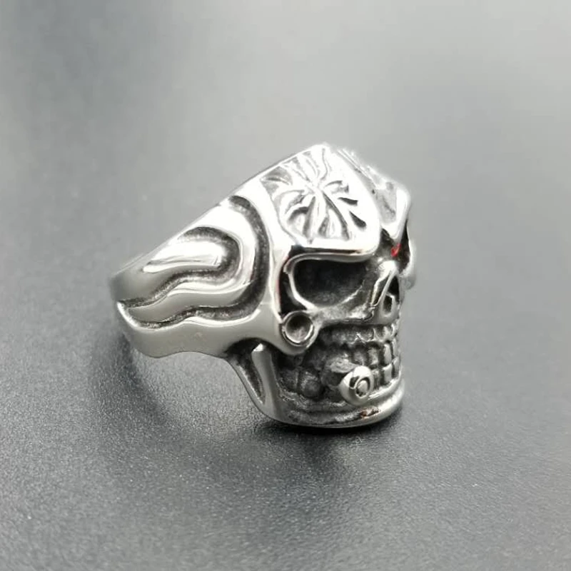  Personality Men's Retro Skull Ring Biker Jewelry Titanium Steel Rings With Red Zircon Eye Bijoux European Style  (5)