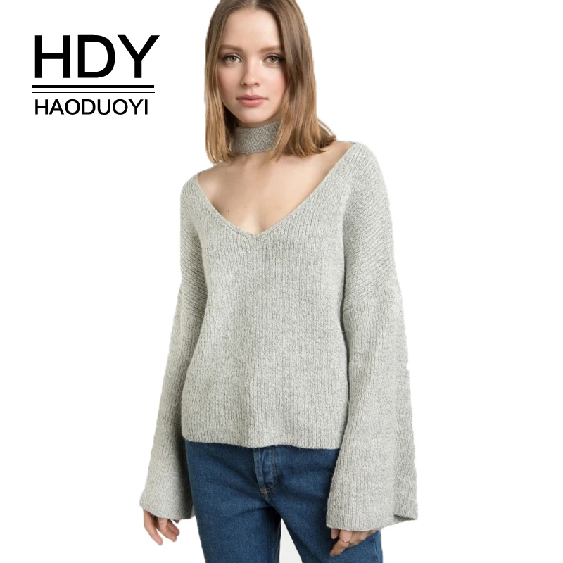 

HDY Haoduoyi Gray V Neck Choker Female Pullover Casual Autumn Flare Sleeve Women Sweaters Vintage Sexy Basic Pullover Sweater