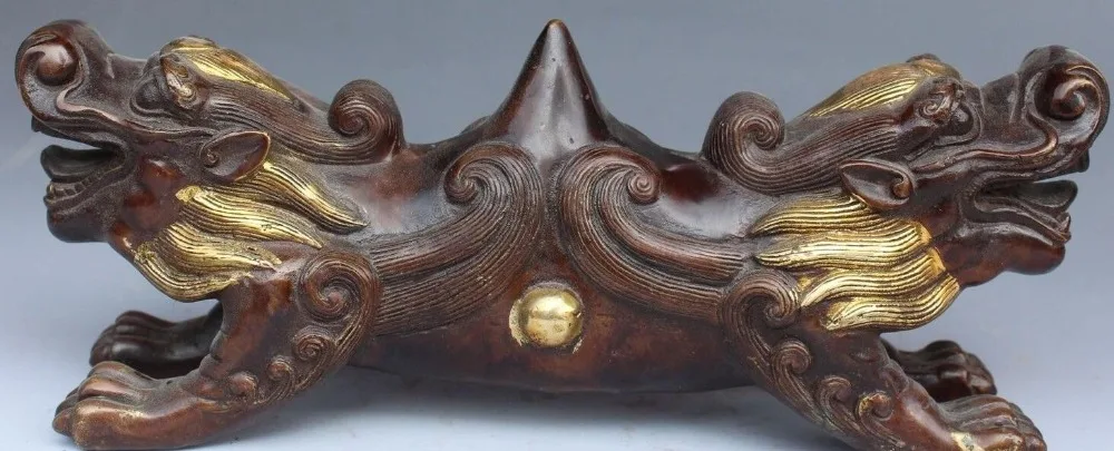 

fafa8800154<<10" Chinese Bronze Gilt 2 Head Pi Xiu Unicorn Dragon Beast pen rack penholder statue