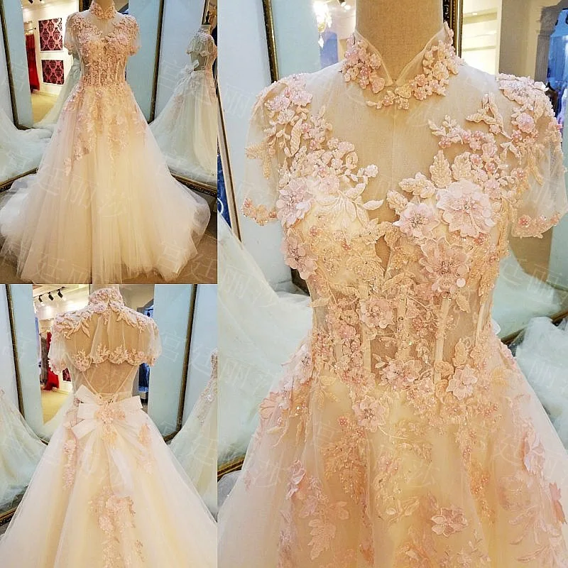 Buy Cheap Real Photo A-Line High Neck Lace Up Court Train Appliques Pearls Sequins Wedding Dress 2017 With Beaded Mariage Wedding Gowns