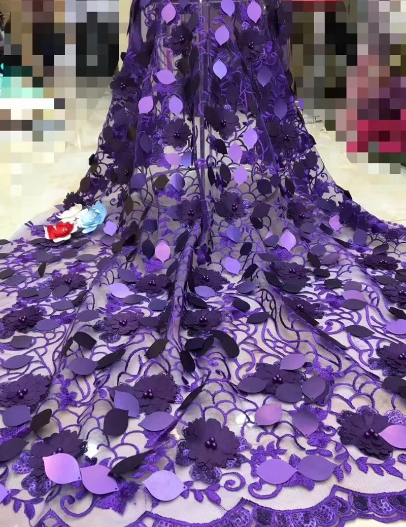 

African Lace Fabric 2019 High Quality Lace Sequins Fabric French Nigerian Beads Lace Fabric 3d Embroidery Wedding Lace
