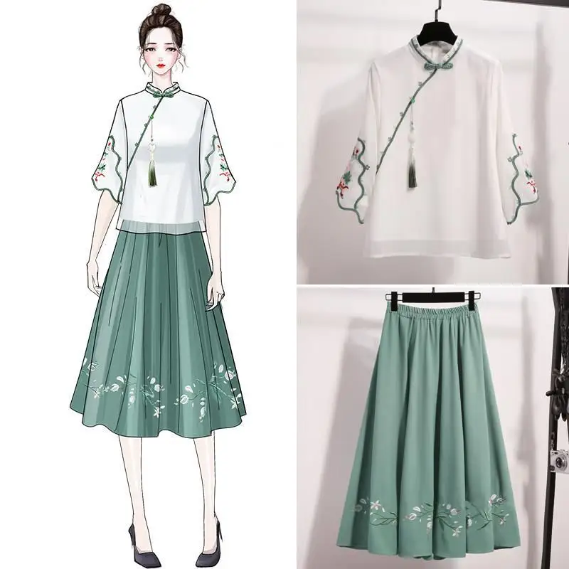 

2019 Women Embroidery Set Blouse + Skirt Summer Style Two Pieces