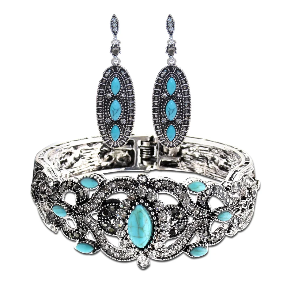 

Vintage Antique Silver Color Earrings Bangle Jewelry Sets Hollow Flower Green Stone Bangle Bracelet Gypsy Bride Cuff Jewelry