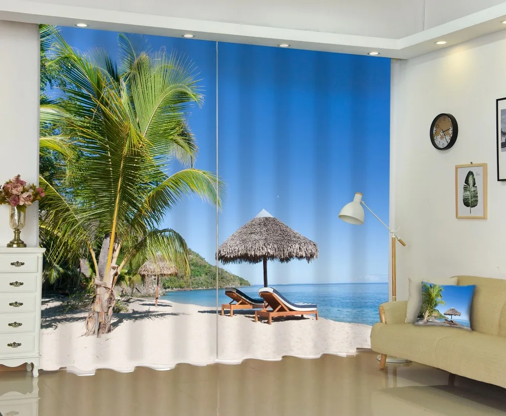 

Beach palm tree lounge chair personality design 3D personality printing blackout curtains, screens
