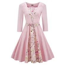Фотография 100% cotton Splicing Vintage Autumn Dress long sleeve autumn dress with belt Printed flower 50s style women party dress TS336
