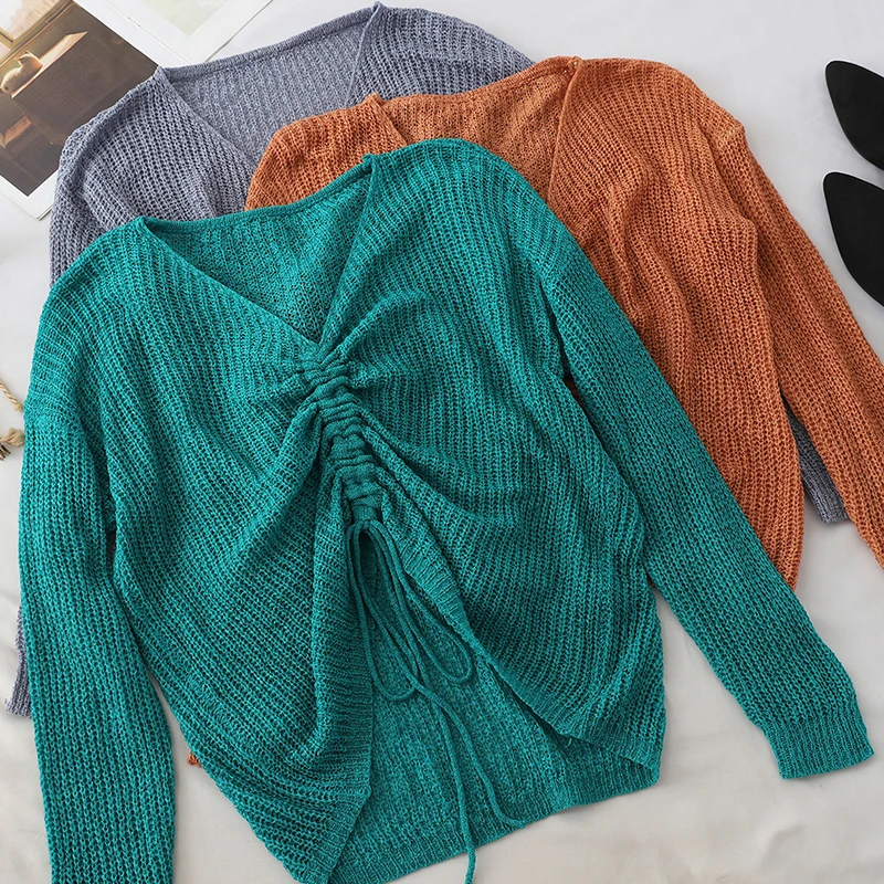 

SKOONHEID Autumn Solid Knitted Sweater Women Long Sleeves Tricot V Neck Elegant Basic Plus Size Knit Tops Drawstring Pullovers