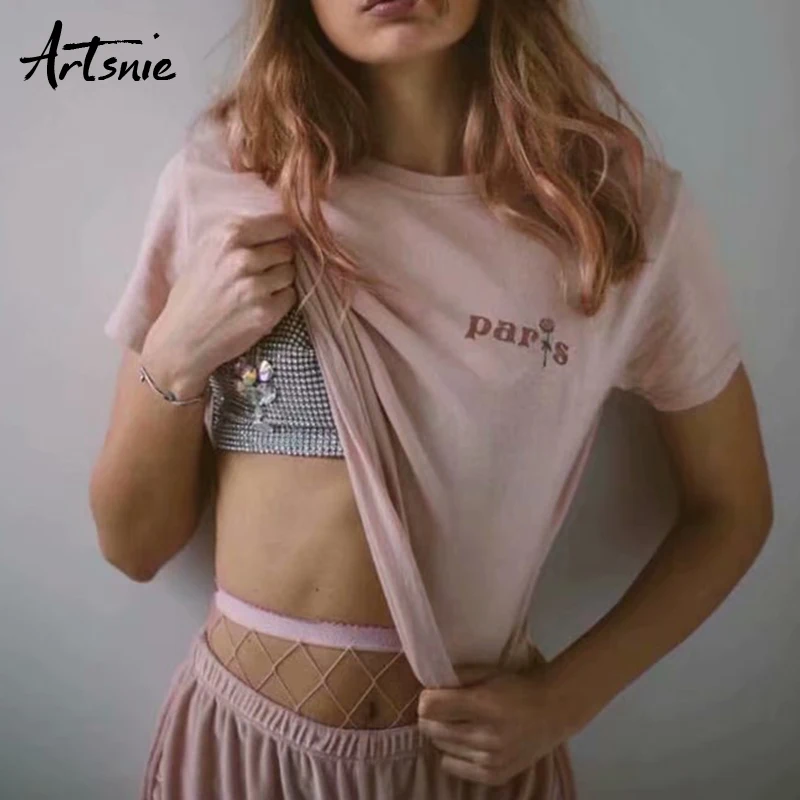

Artsnie Pink Casual Floral Embroidery Women t shirt Summer 2019 Short Sleeve O Neck Tops Tee Streetwear Knitted Girls t-shirt