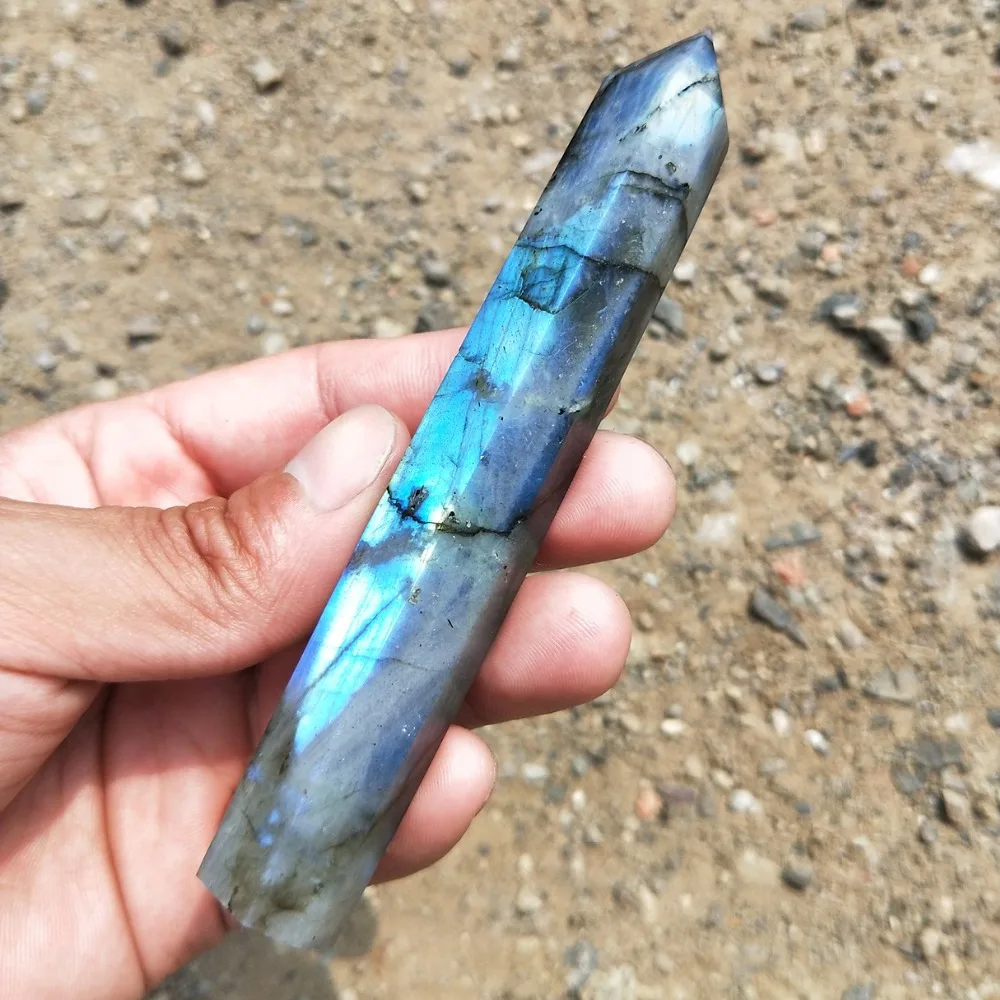 

13.3cm (90g) natural quartz crystal blue Labradorite Wand Healing Arts and crafts family decoration