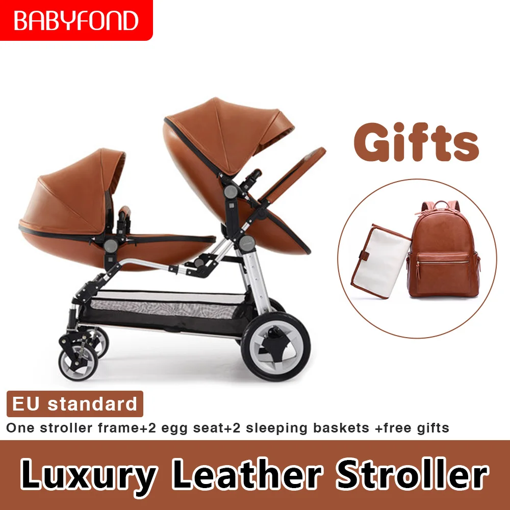 

EU tax free ! Newborn twins Baby stroller Luxury high landscape leather prams folding can sit lying double baby stroller 13pcs