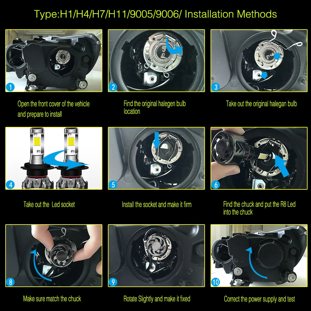 1 шт. H1 9006 9005 H11 H7 H4 автомобильная светодиодная лампа для фары 72 Вт 12000LM 6000 К яркая