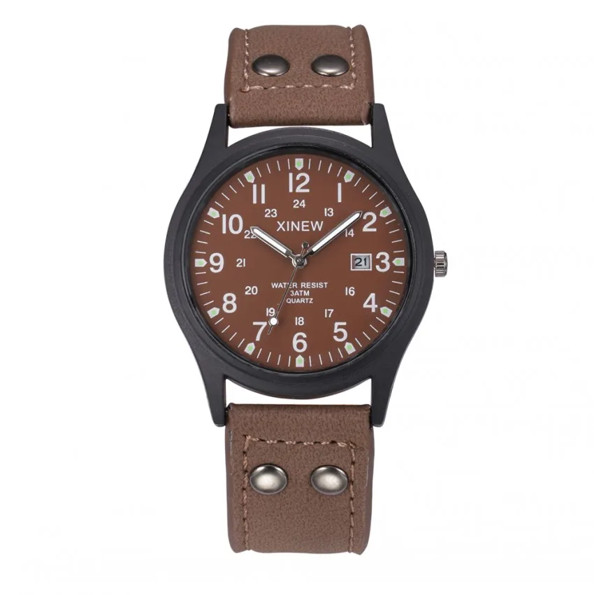 XINEW мужские часы спортивный стиль кожаный ремешок светящийся циферблат повседневные кварцевые часы с календарем Relogio Masculino - Цвет: Brown